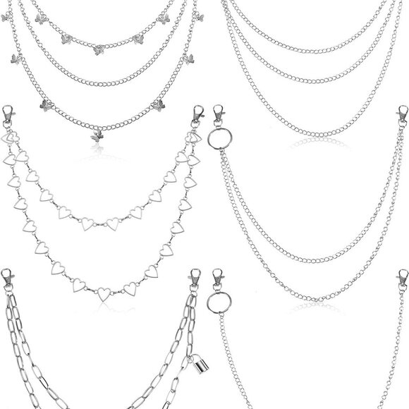 6 Pieces Jeans Pants Chain Belt Goth Multi Layer Decor Heart Butterfly Waist Poc - Picture 1 of 8